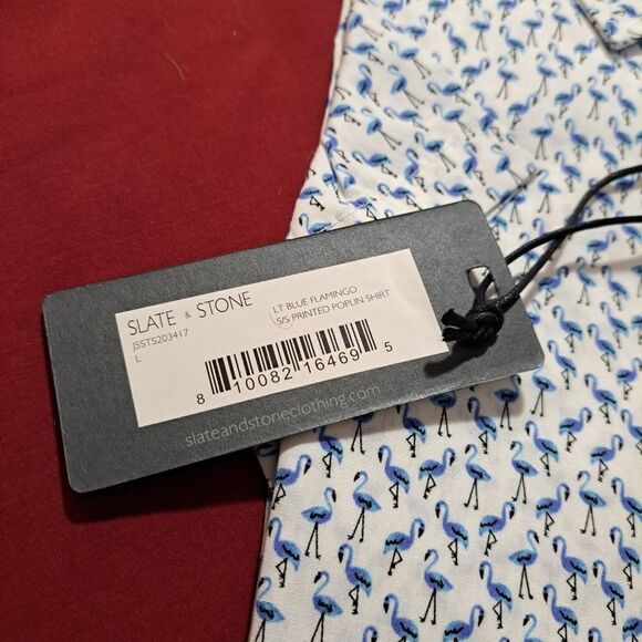 Slate & Stone Button Down Blue Flamingo collar Shirt Short Sleeve NWT - Picture 7 of 11